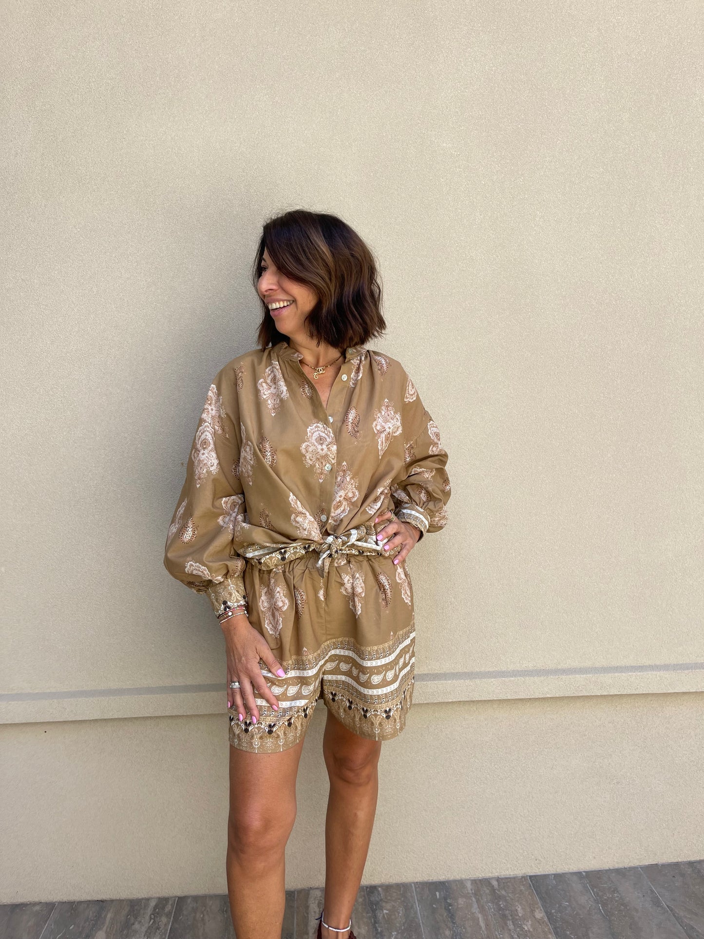 Paisley Shirt + Short Set - Tan
