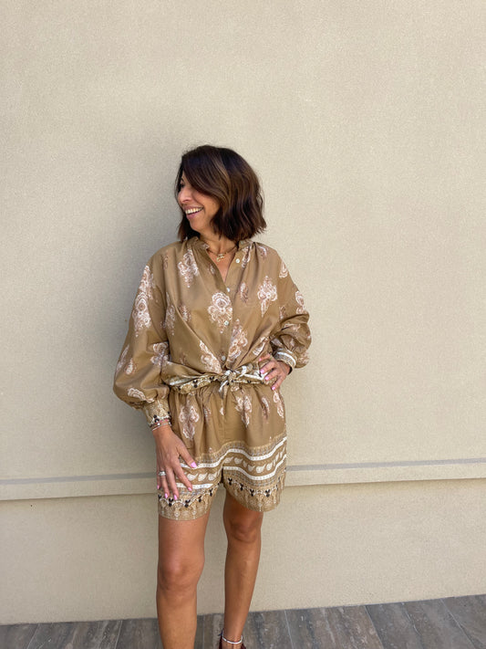 Paisley Shirt + Short Set - Tan