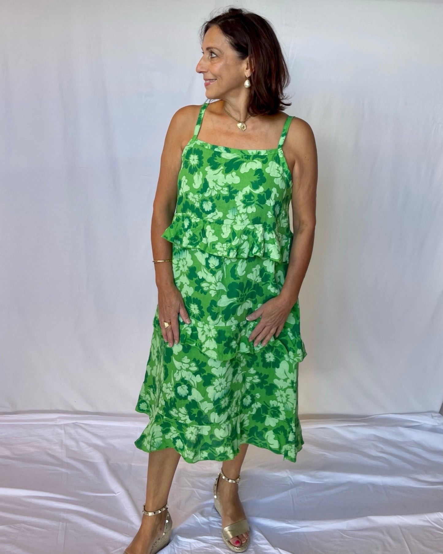 Emerald Linen Floral Dress
