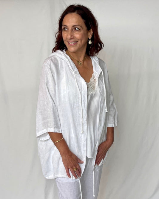 Linen Jacket with Hood - White