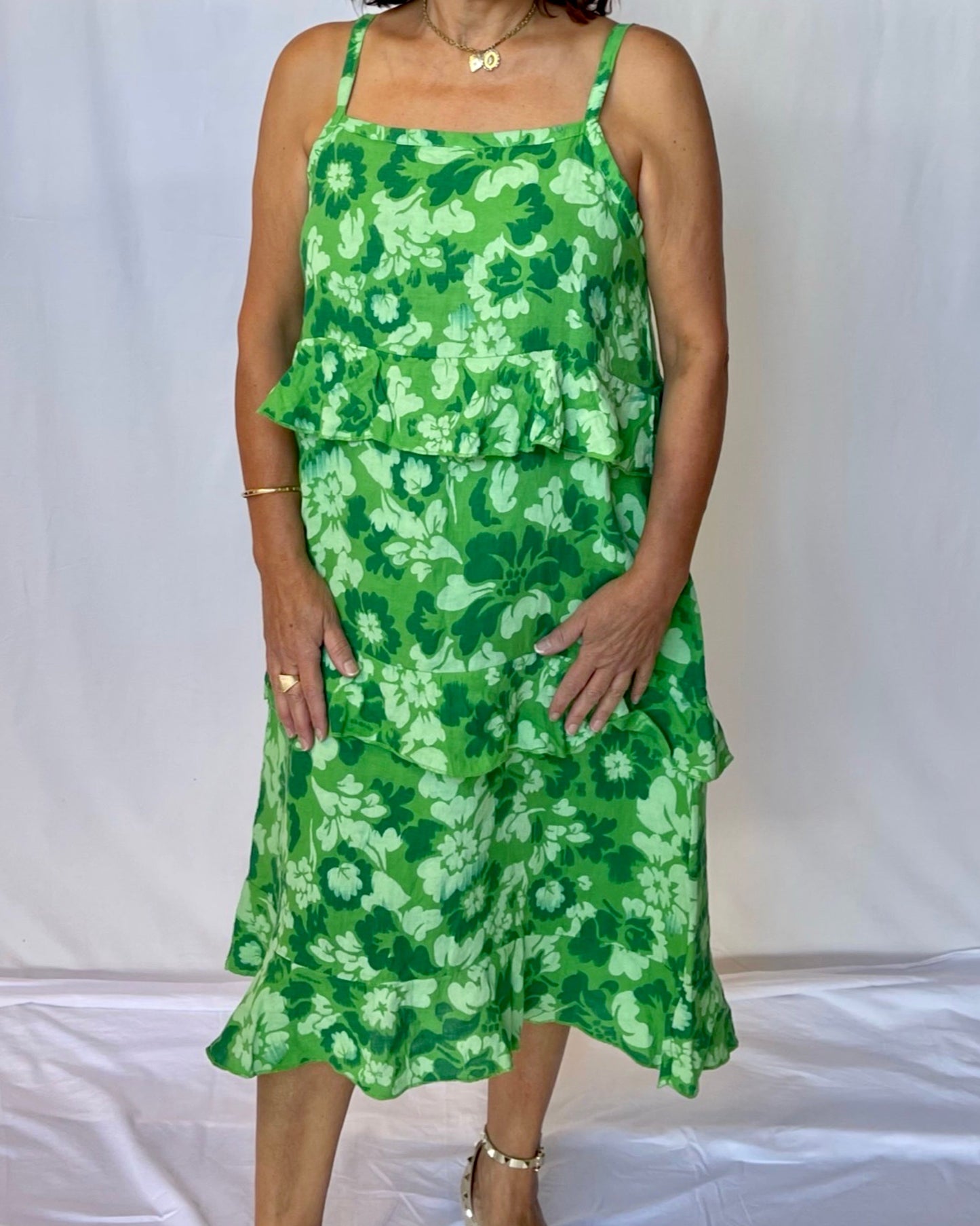 Emerald Linen Floral Dress