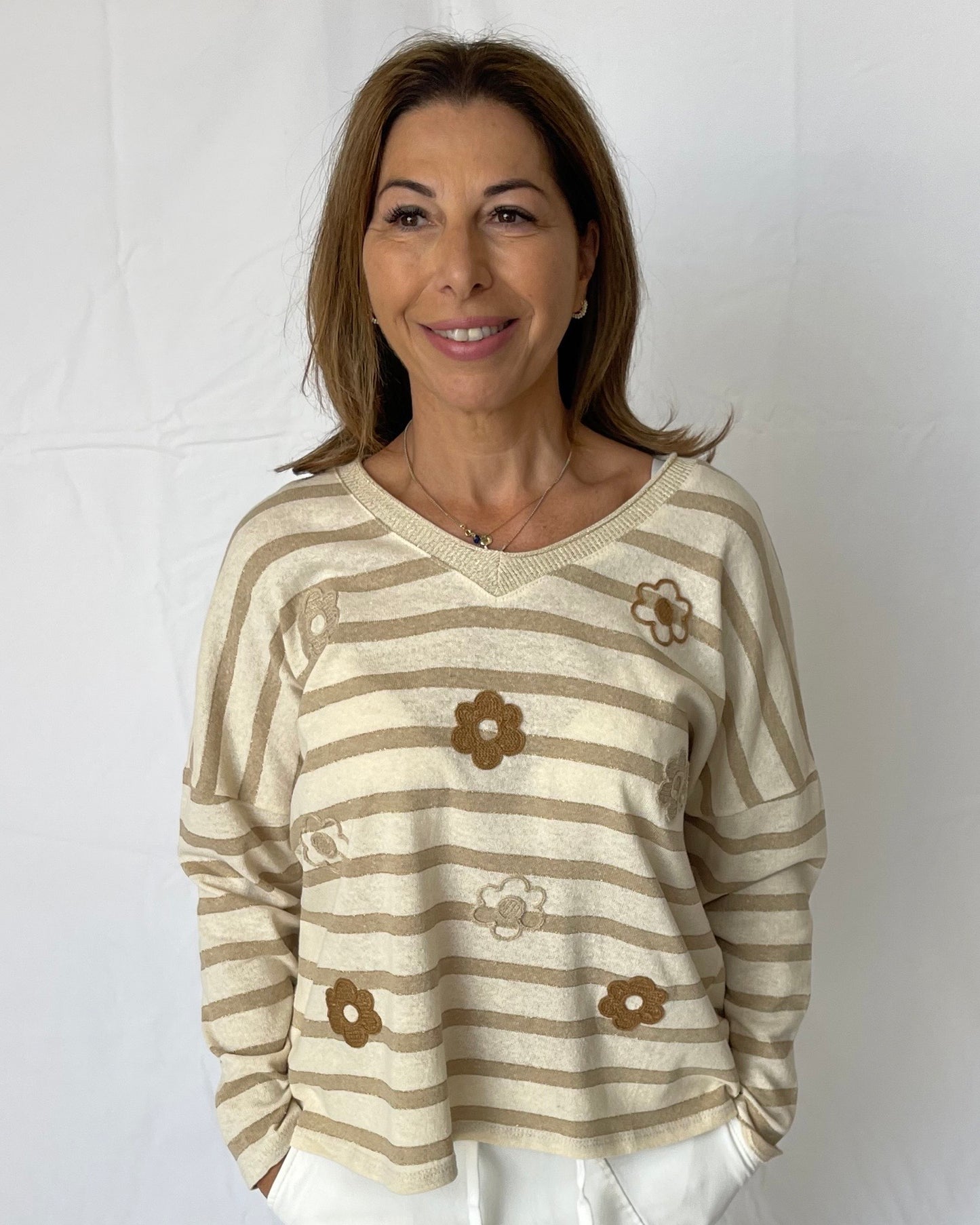 Striped Flower Knit - Tan