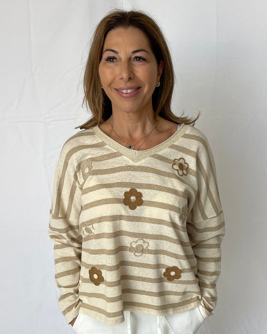 Striped Flower Knit - Tan