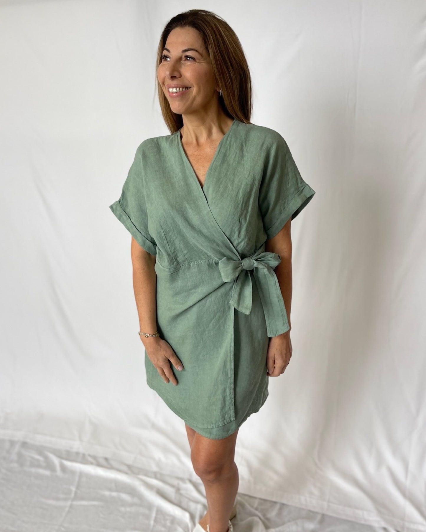 Linen Tie Dress - Sage