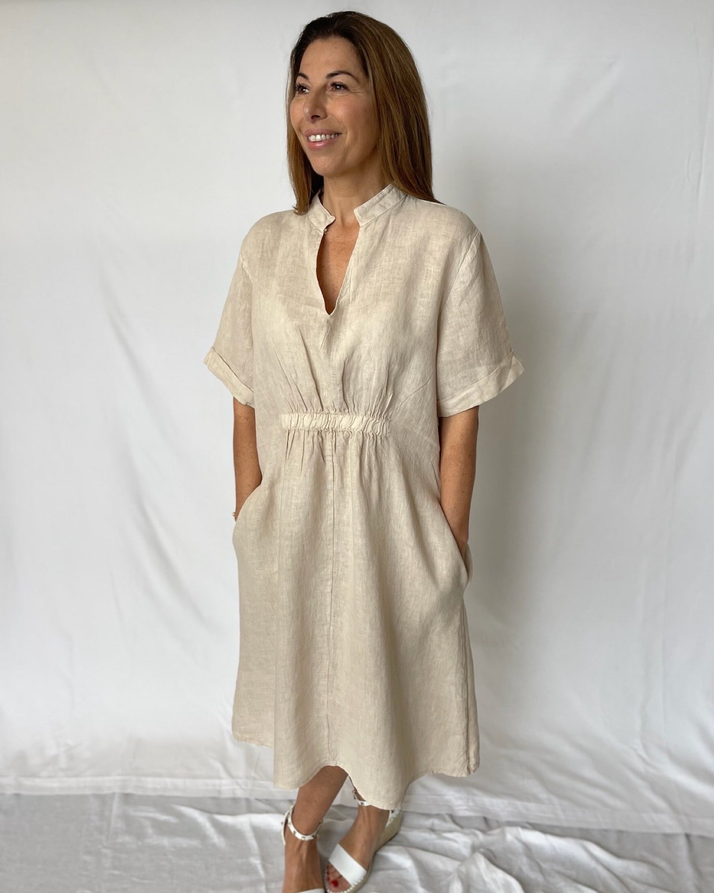 V Neck Linen Dress - Sabbia