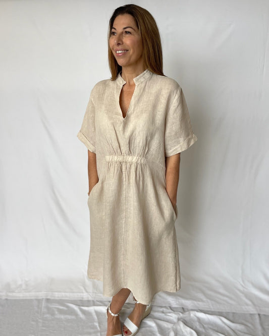 V Neck Linen Dress - Sabbia