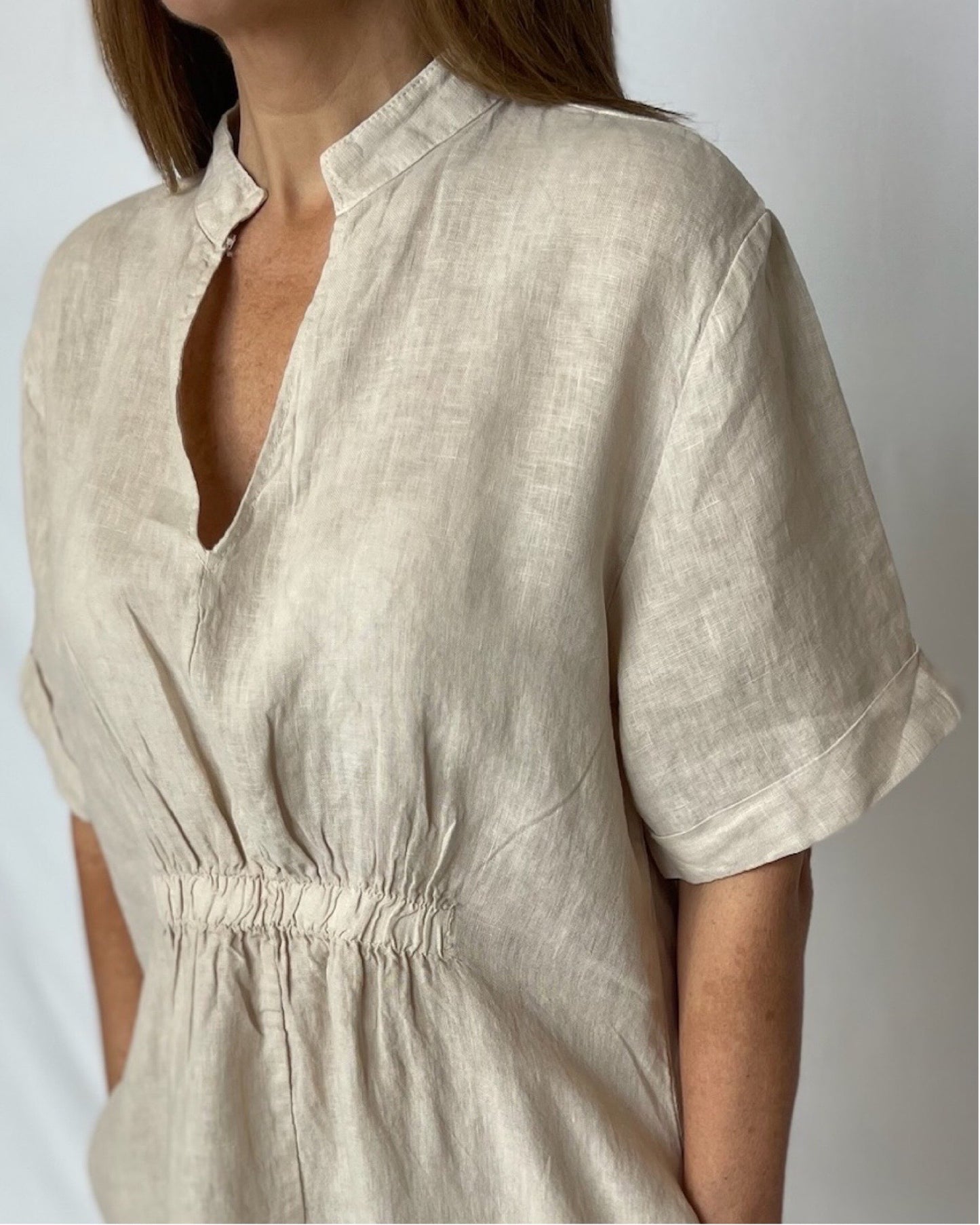 V Neck Linen Dress - Sabbia