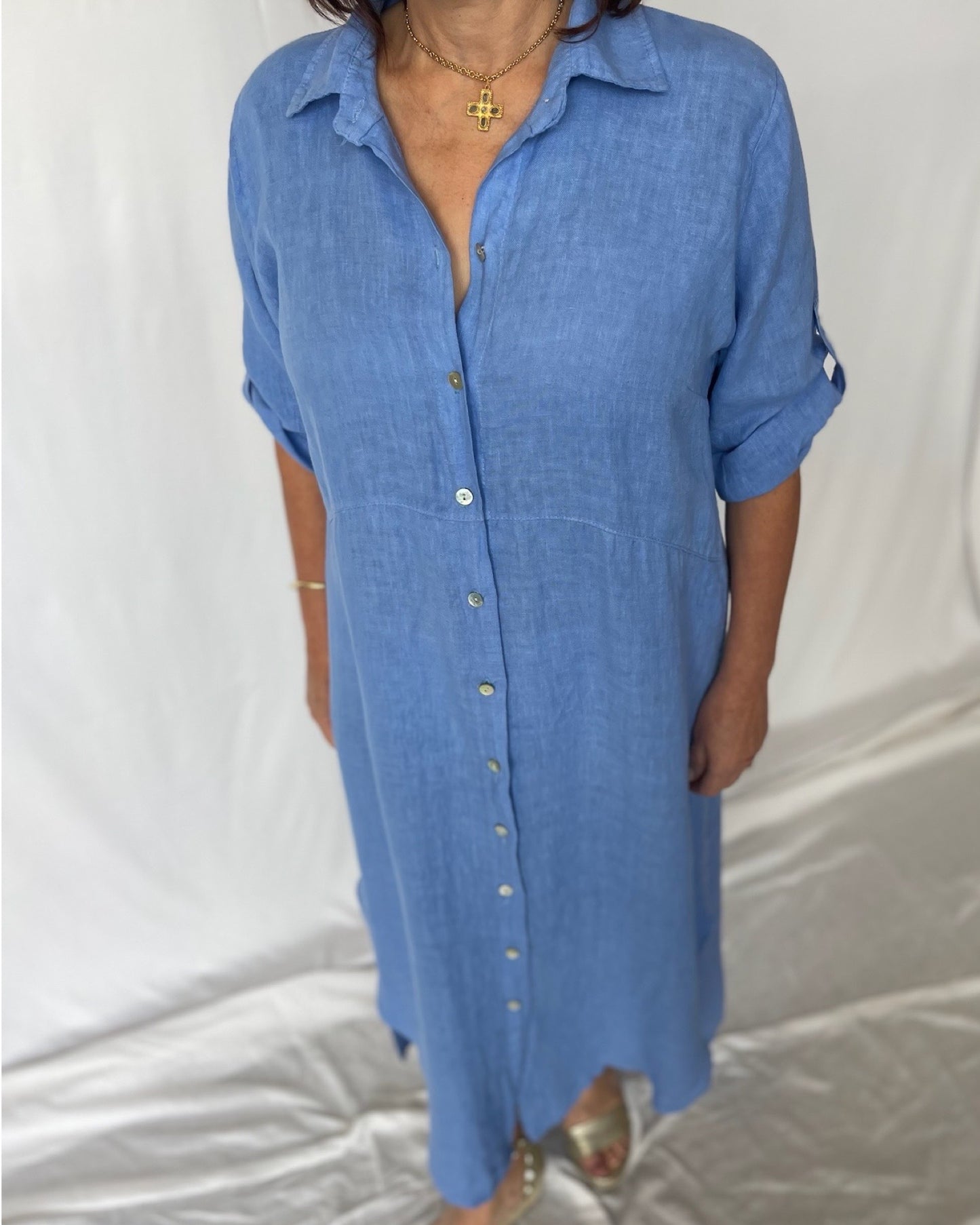Linen Shirt Dress- Cornflower Blue