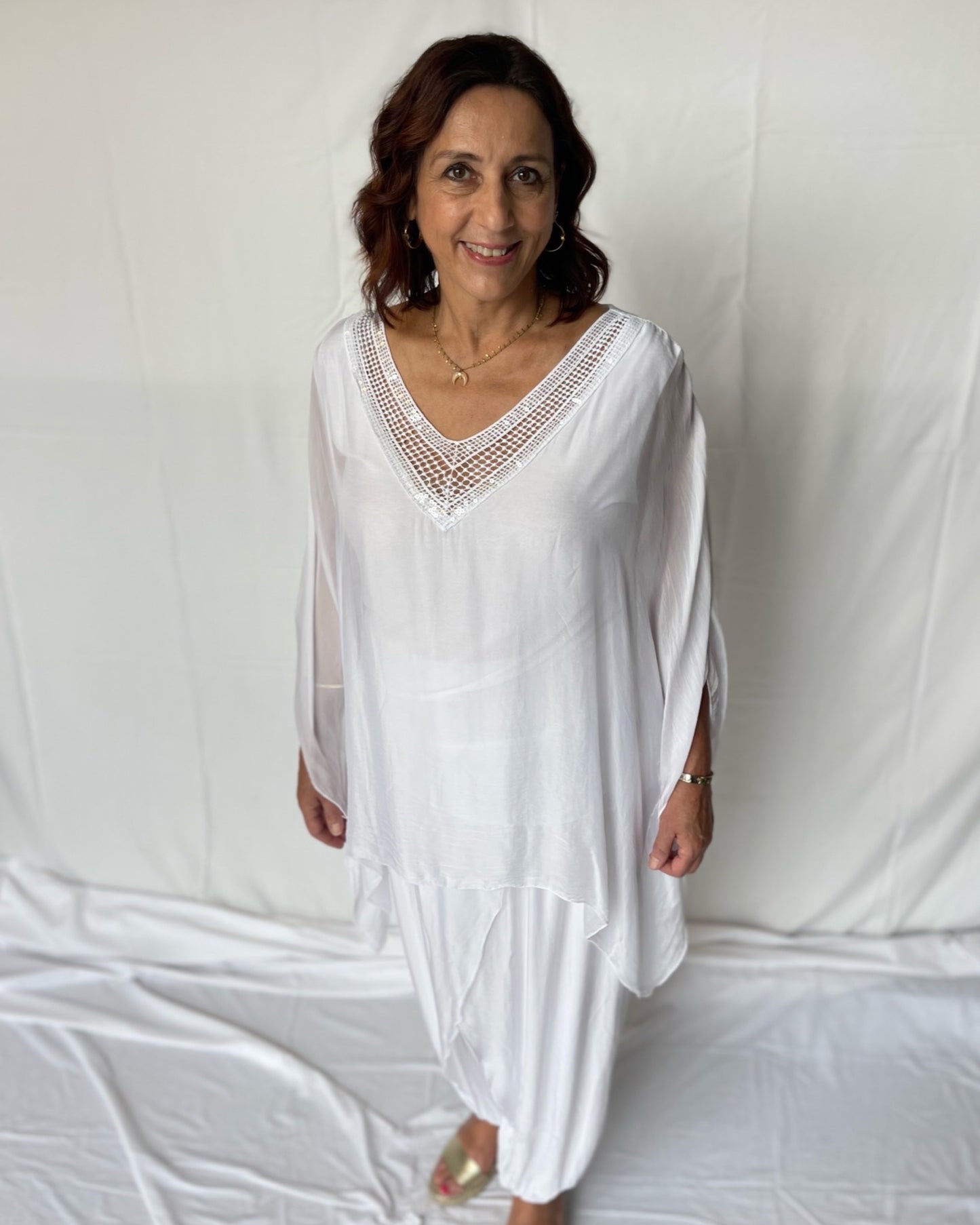V Neck Silk Top with Sequin Trim - White