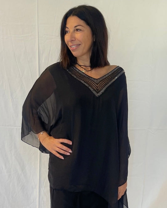 V Neck Silk Top with Sequin Trim - Black