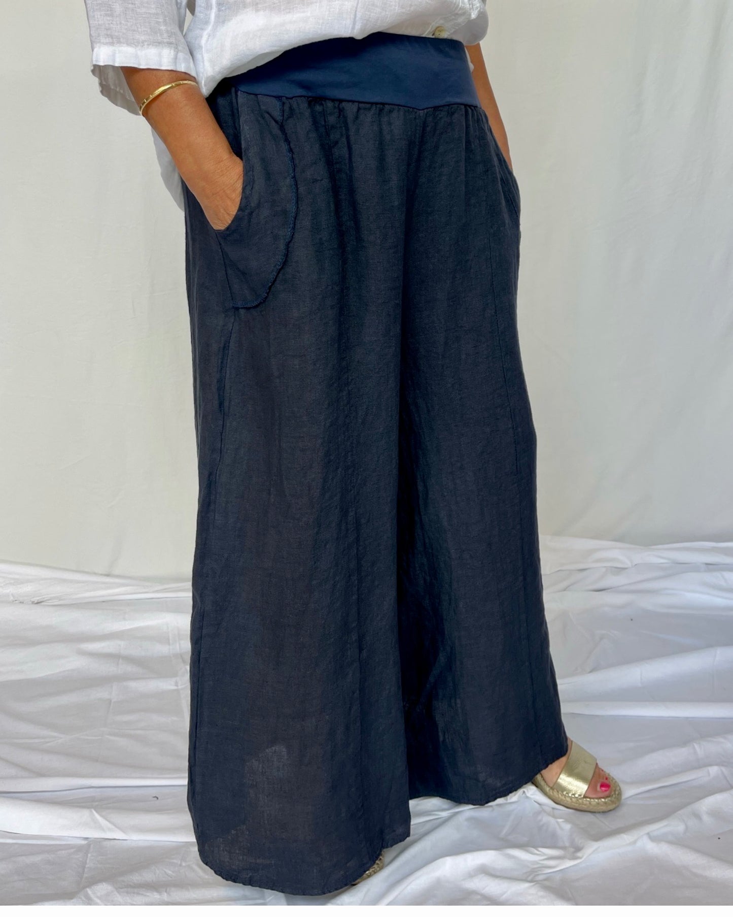 Linen Wide Leg Pant - Navy