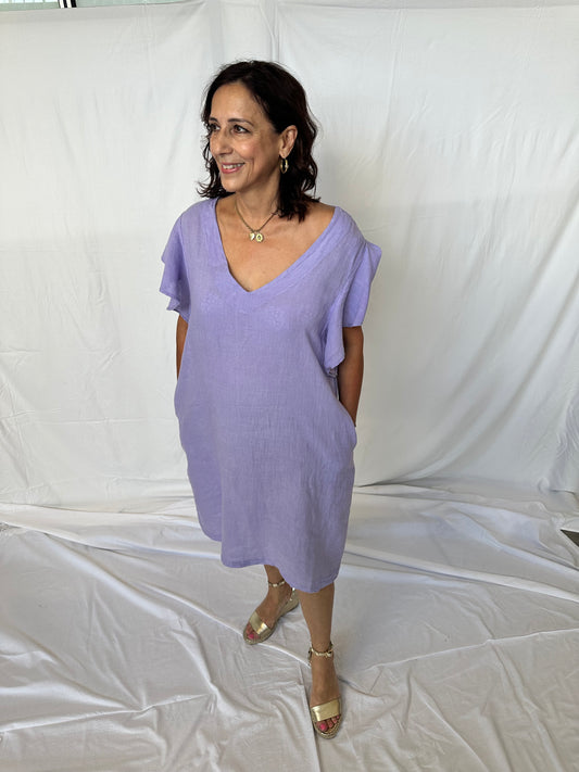 Frill Sleeve Dress Linen - Lilac