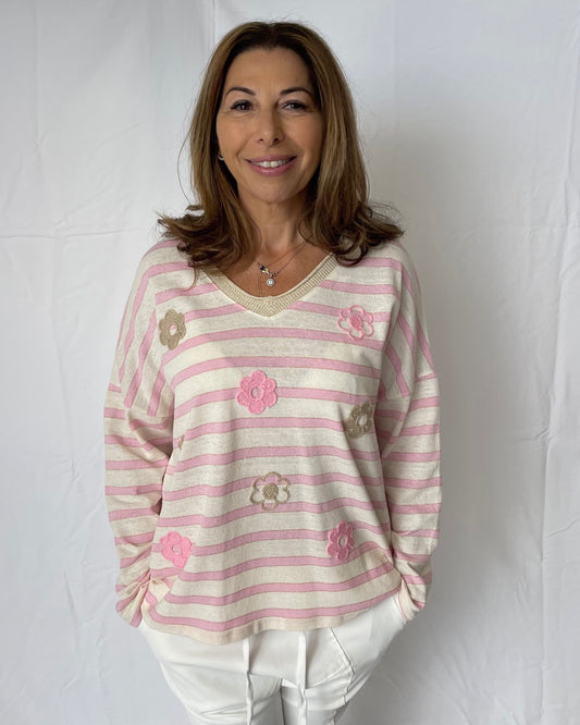 Striped Flower Knit - Pink