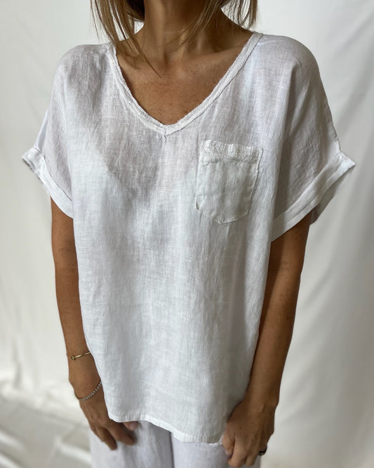 Sequin V-Neck Linen Top - White