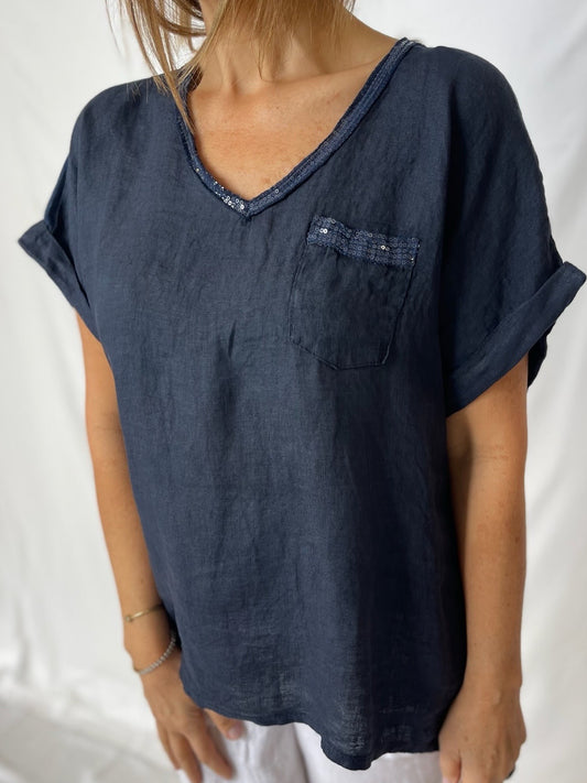 Sequin V-Neck Linen Top - Navy