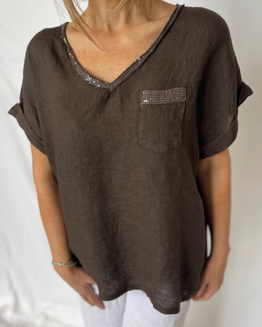 Sequin V-Neck Linen Top - Chocolate