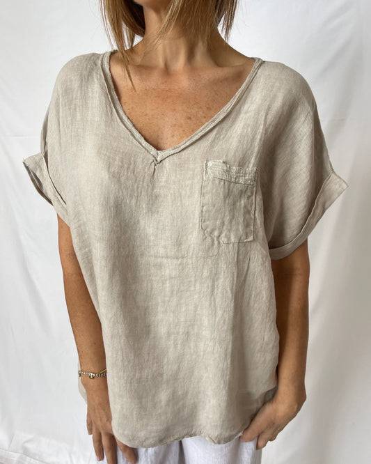 Sequin V-Neck Linen Top - Sabbia