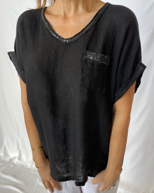 Sequin V-Neck Linen Top -Black