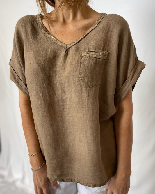 Sequin V-Neck Linen Top - Cocoa