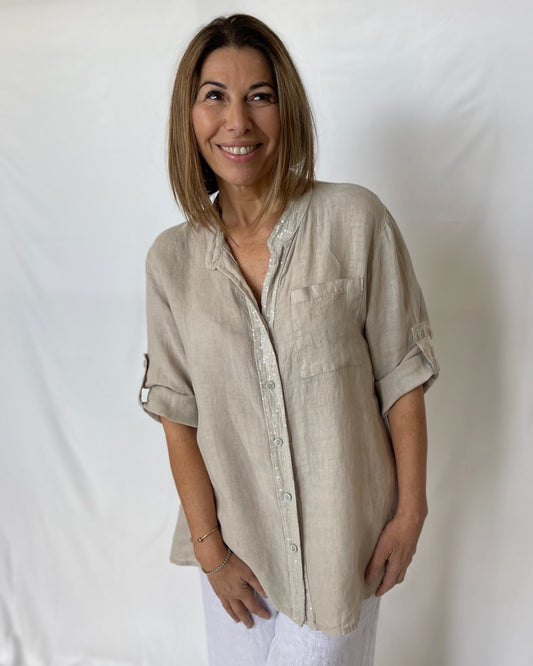 Linen Sequin Trim  Shirt - Sabbia