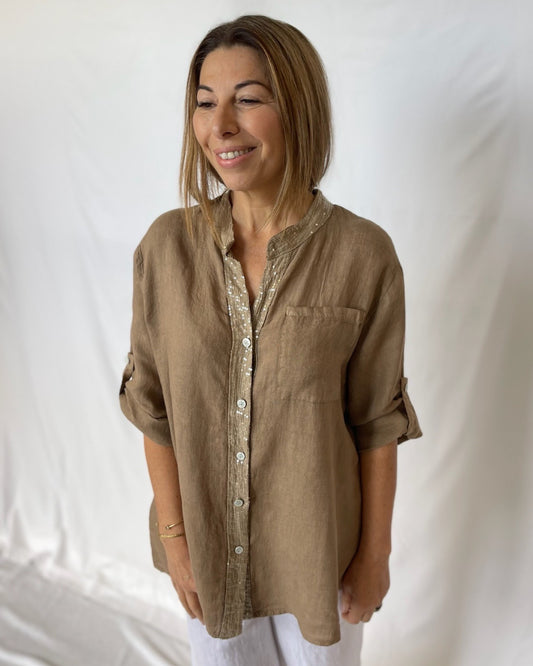 Linen Sequin Trim  Shirt - Mocca