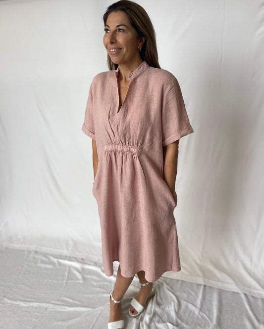 V Neck Linen Dress - Musk