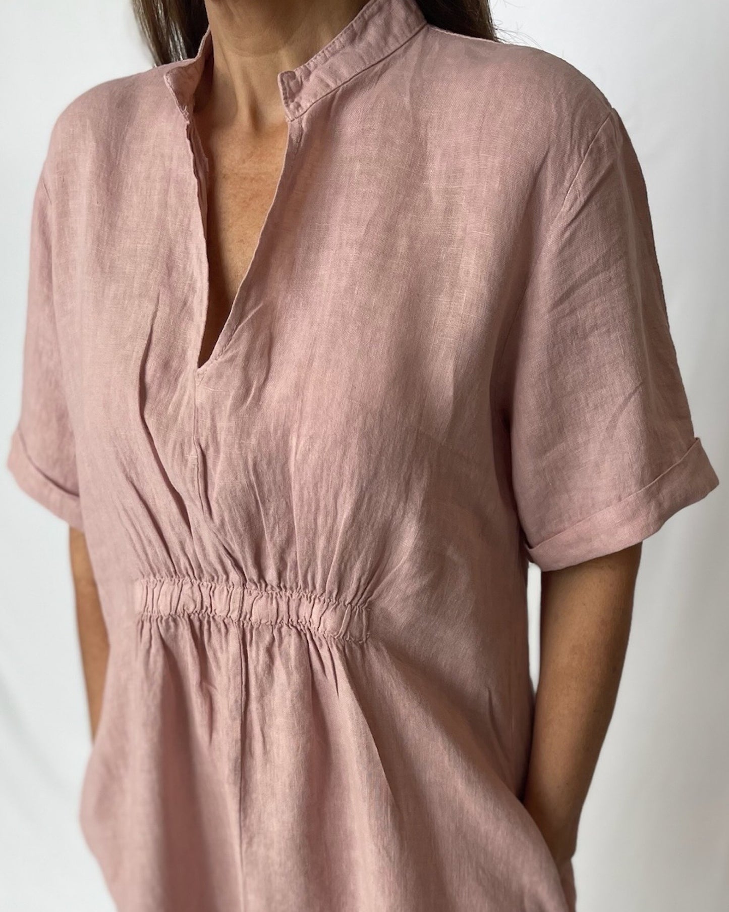 V Neck Linen Dress - Musk