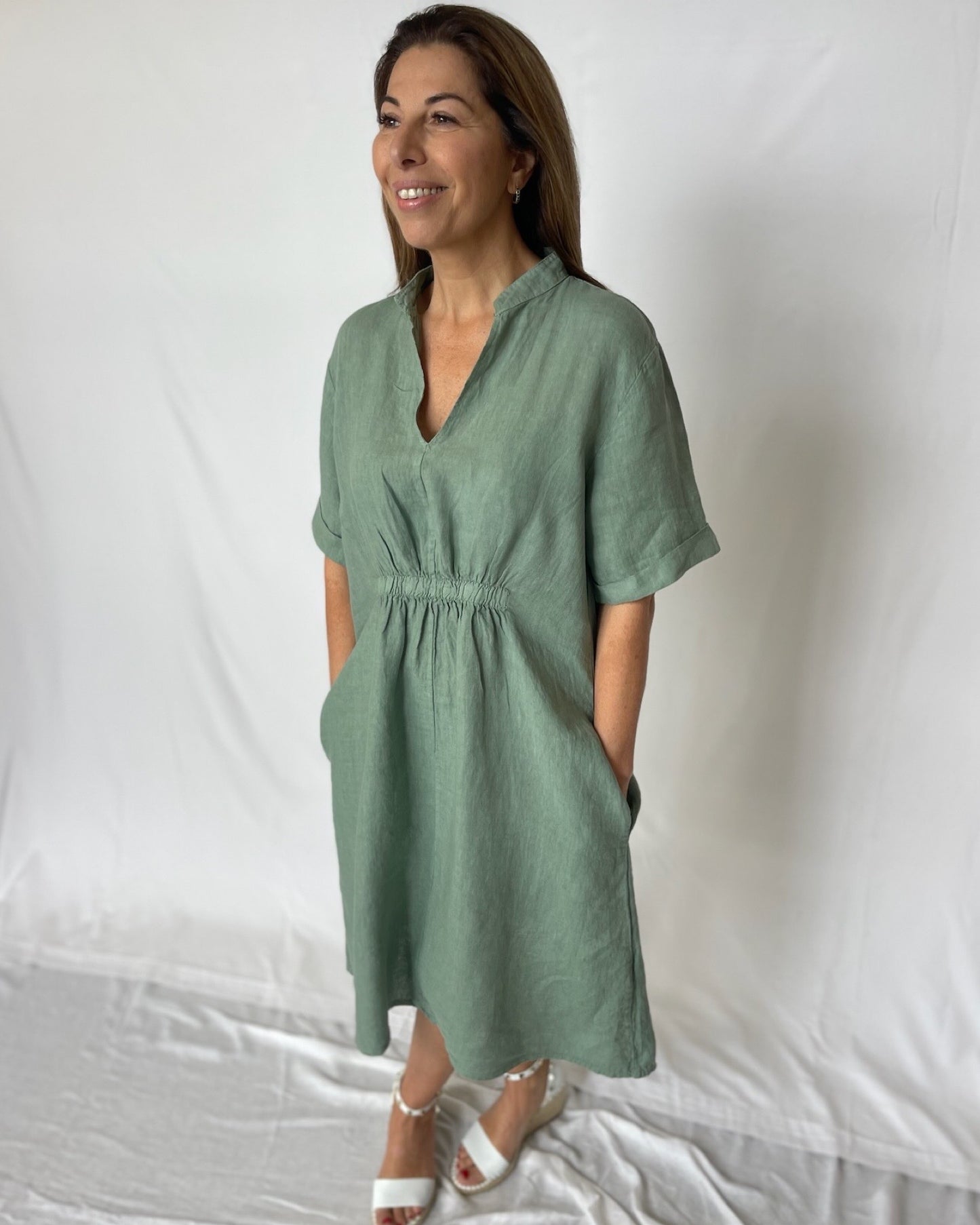 V Neck Linen Dress - Sage