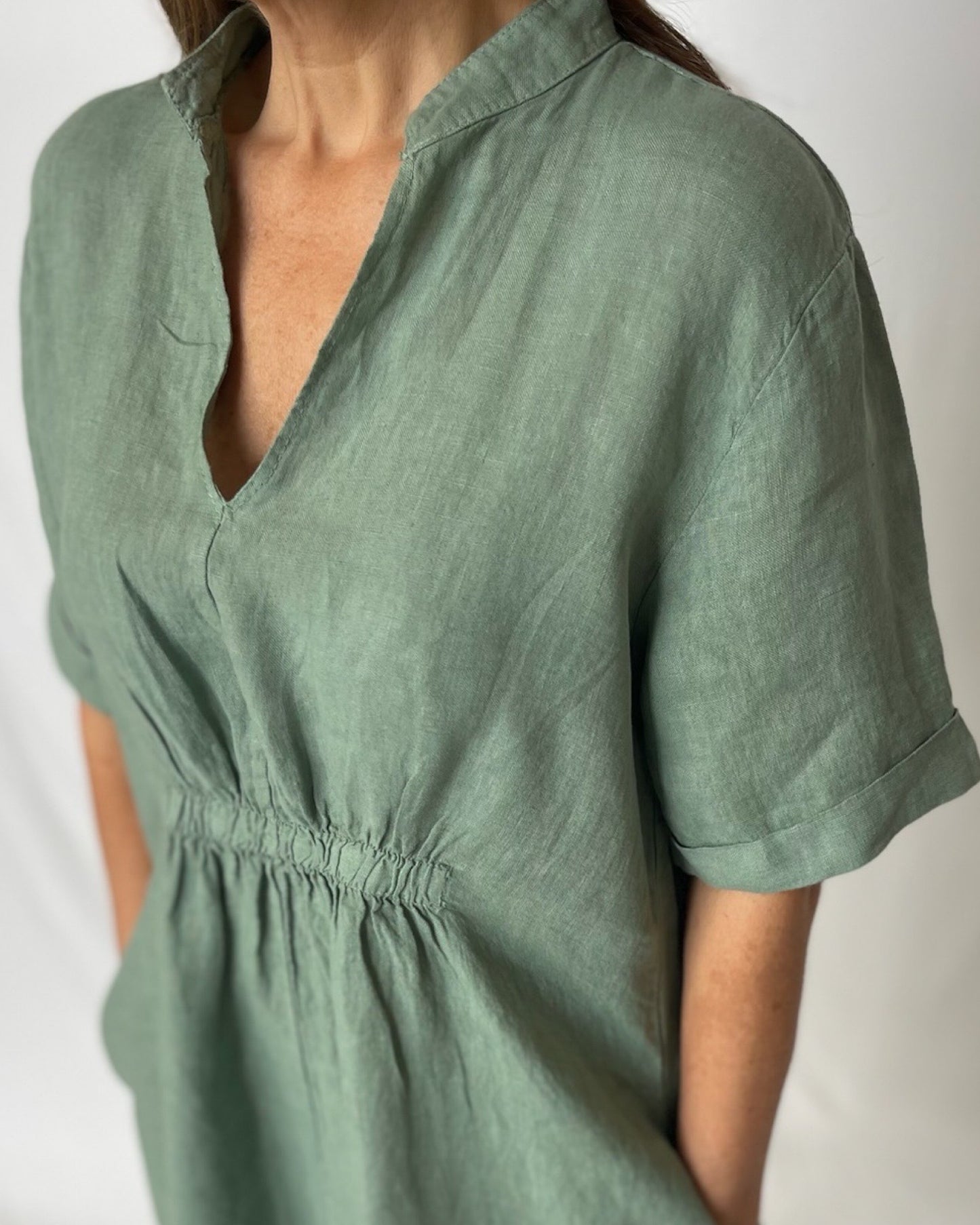 V Neck Linen Dress - Sage