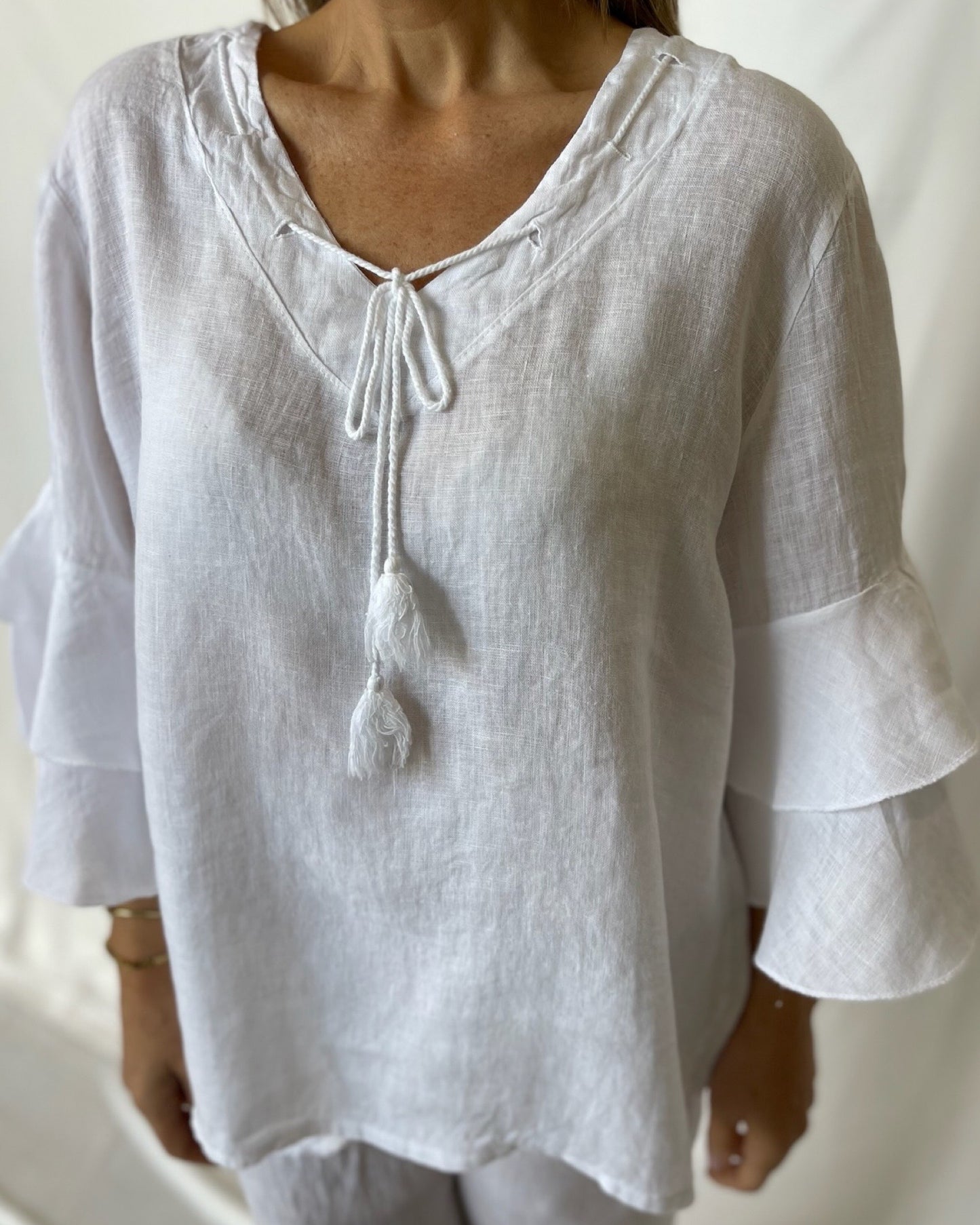 Linen Frill Top - White