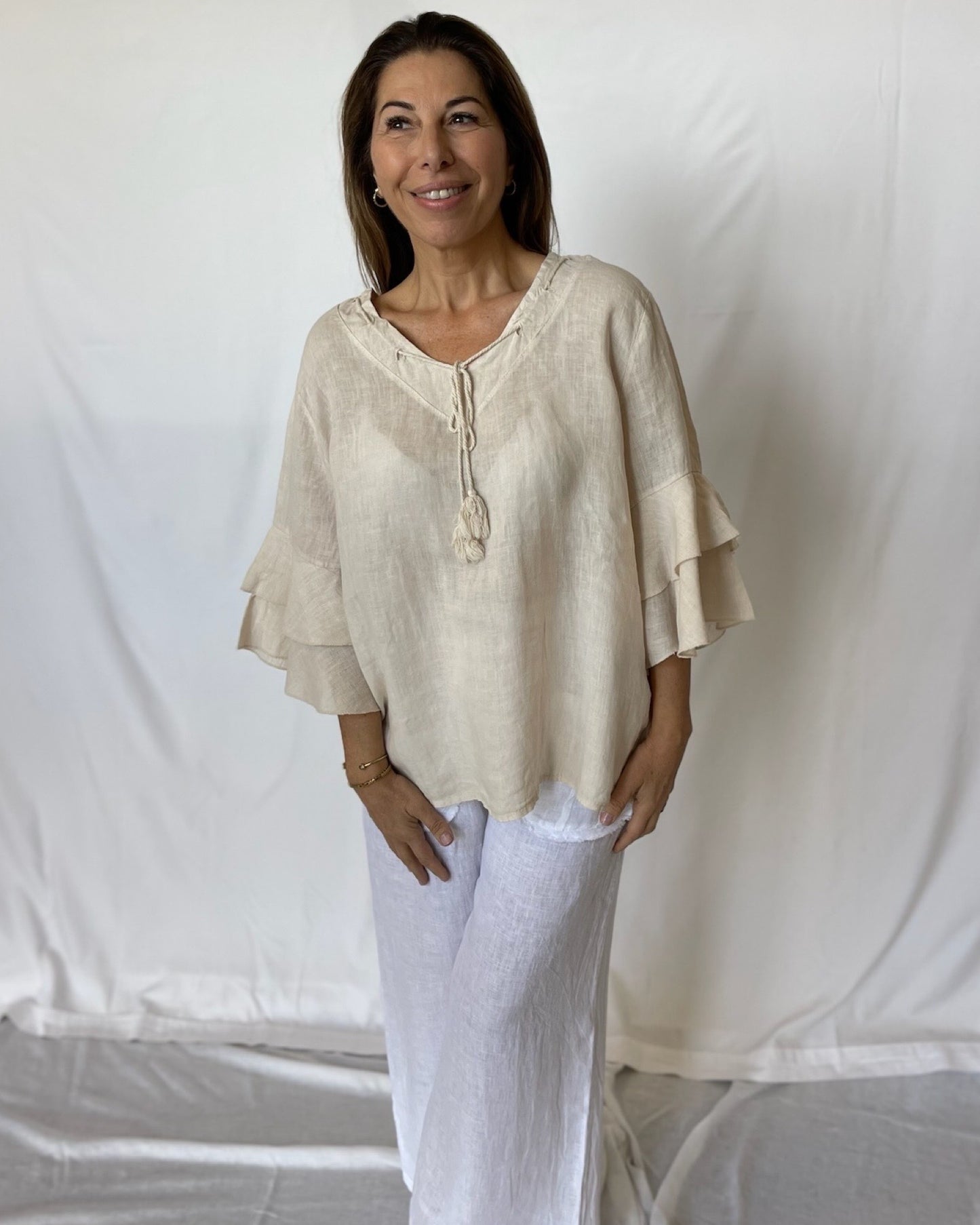 Linen Frill Top - Sabbia