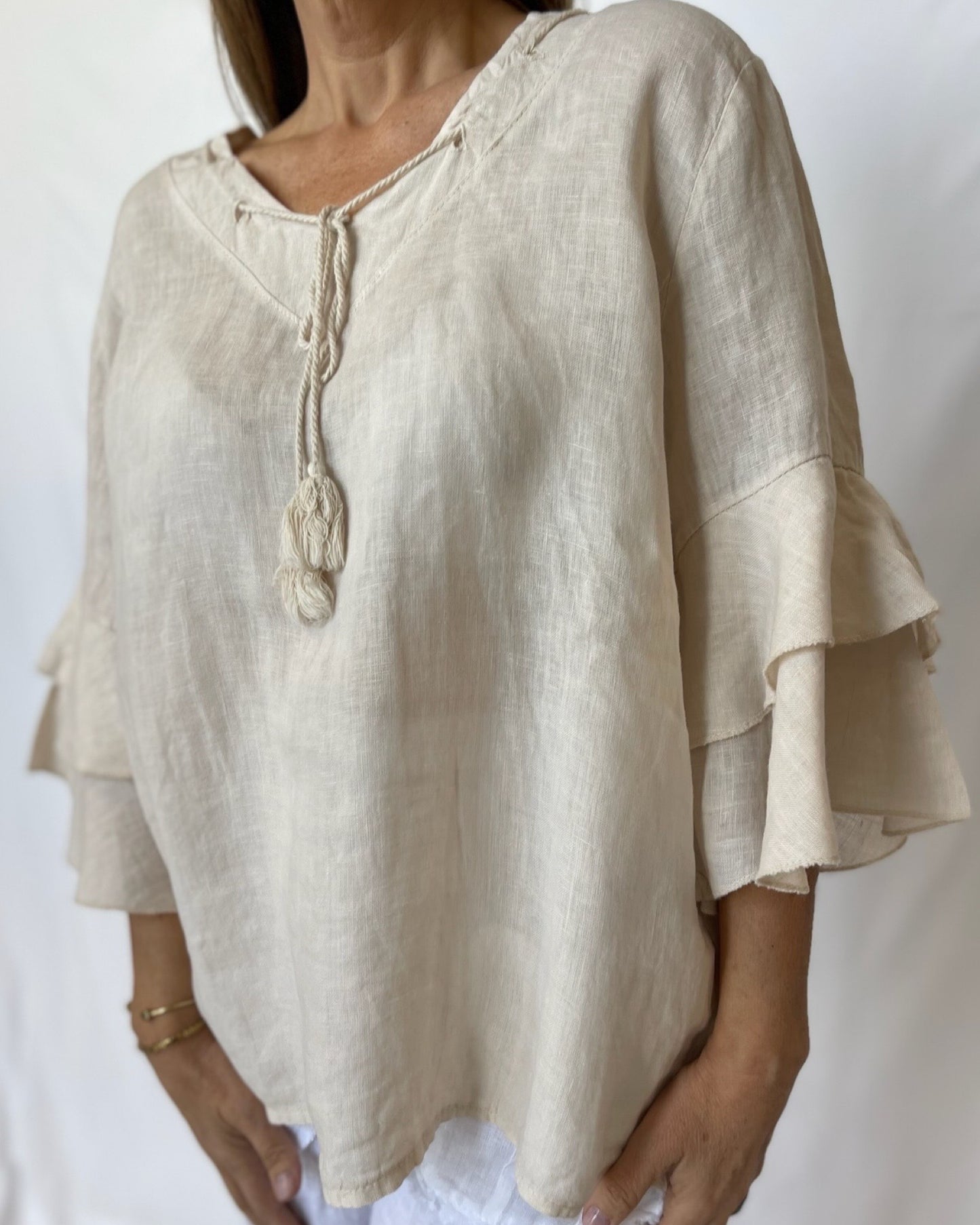 Linen Frill Top - Sabbia