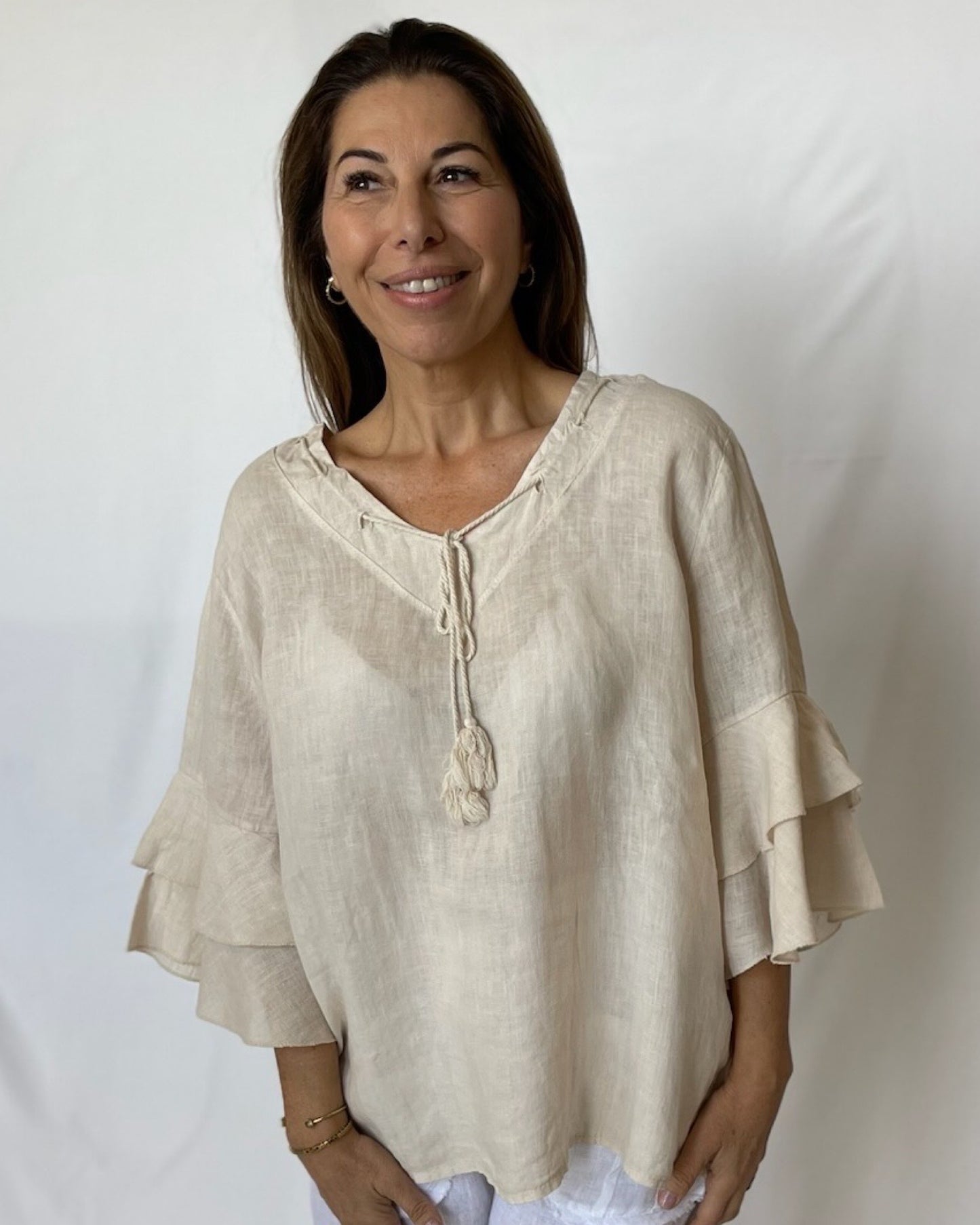 Linen Frill Top - Sabbia