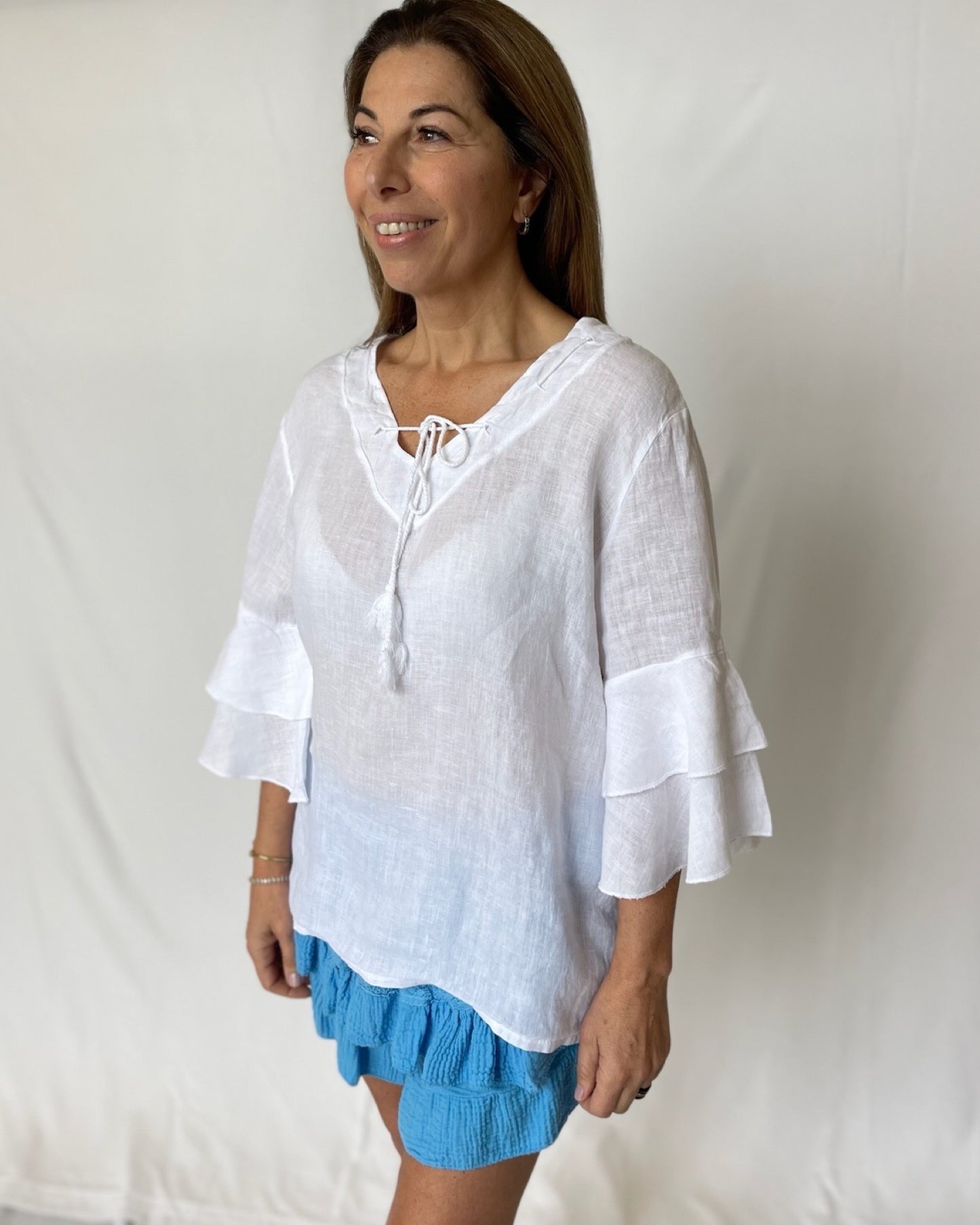 Linen Frill Top - White