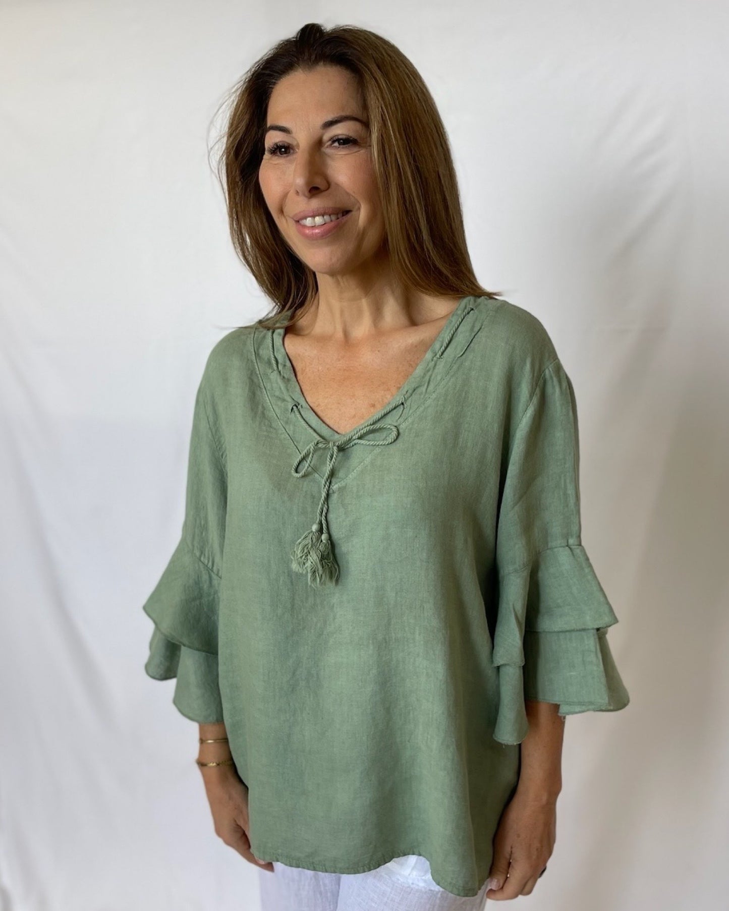 Linen Frill Top - Sage