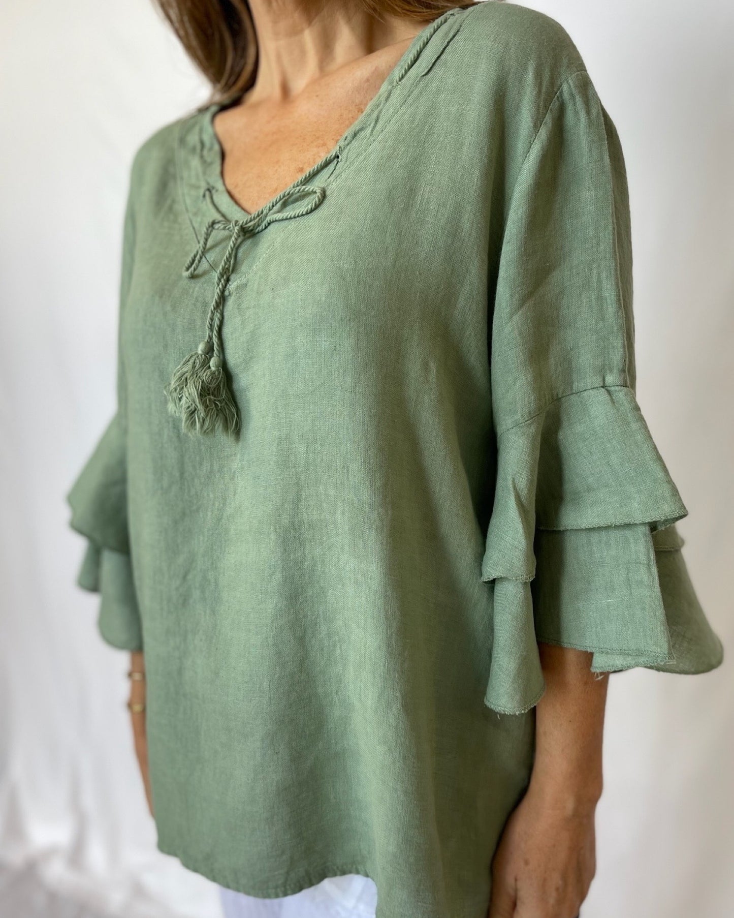 Linen Frill Top - Sage