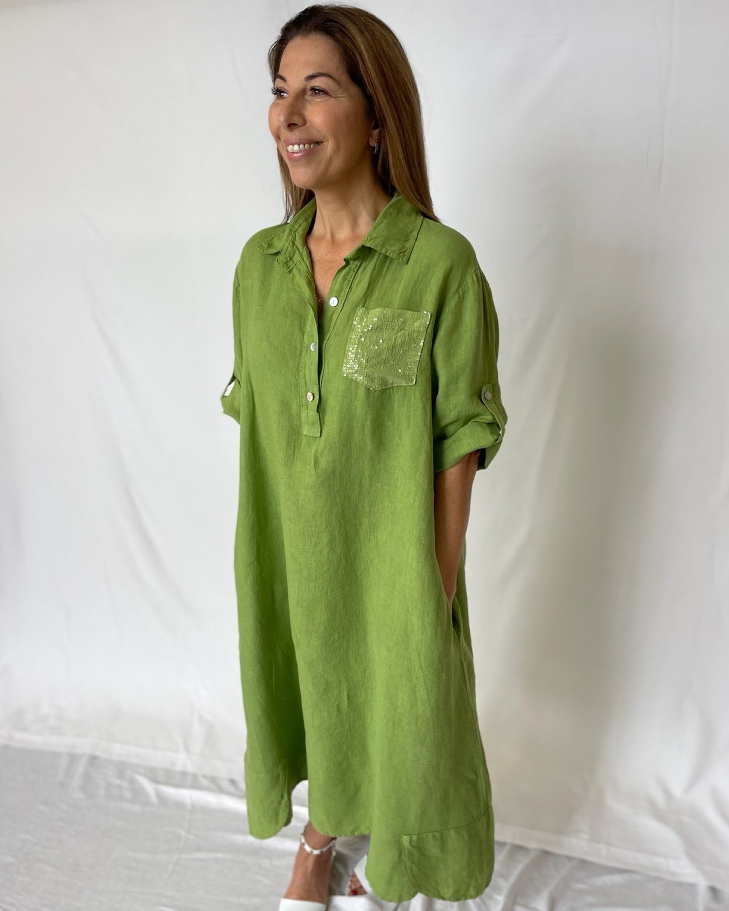 Sequin Dress Linen - Olive