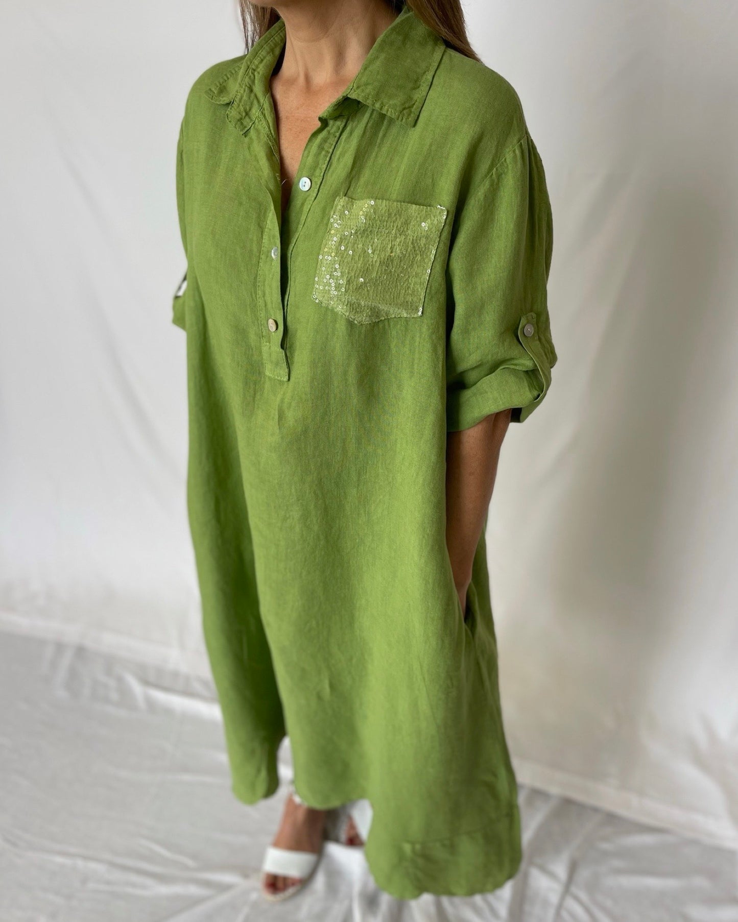 Sequin Dress Linen - Olive