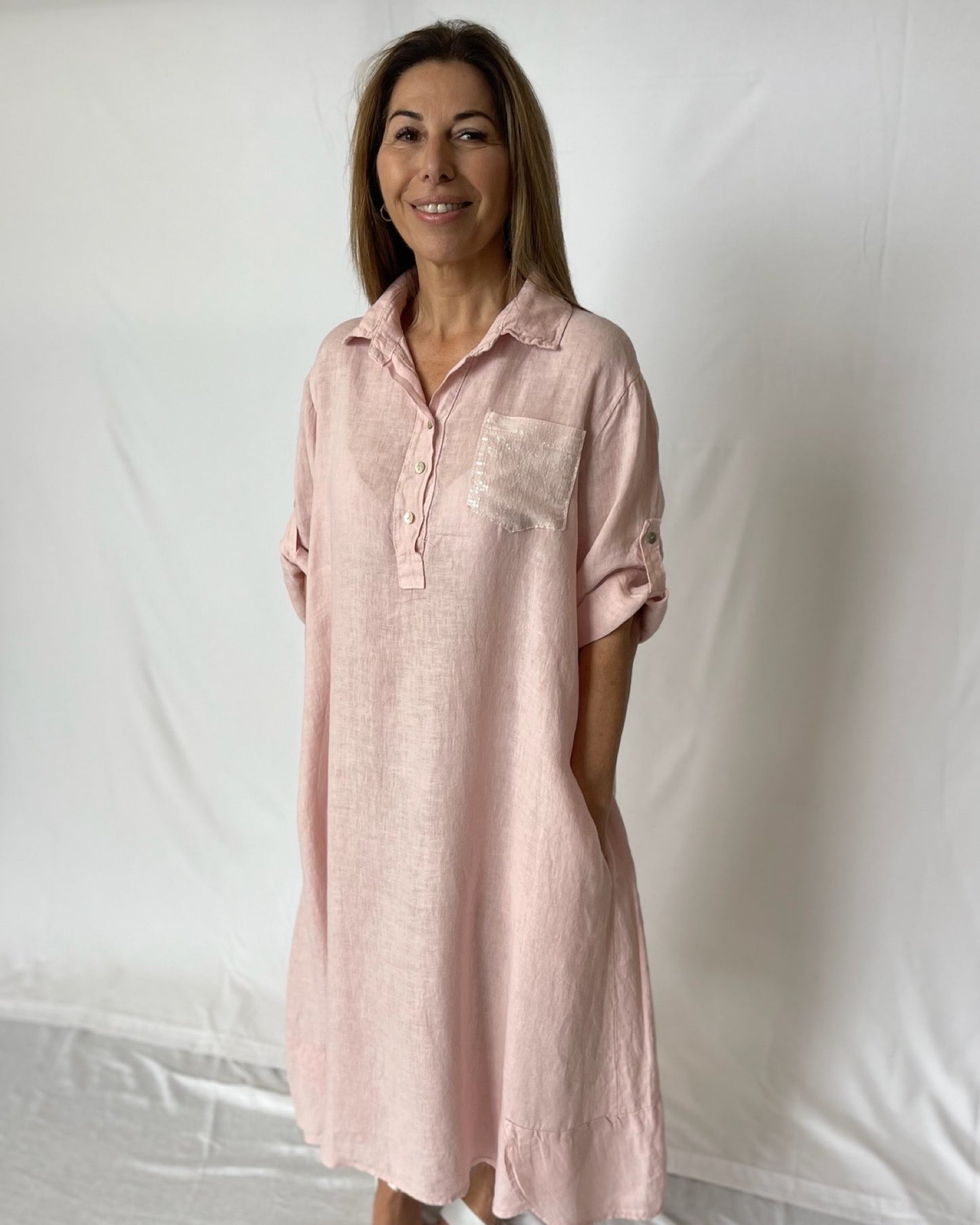 Sequin Dress Linen - Rosa