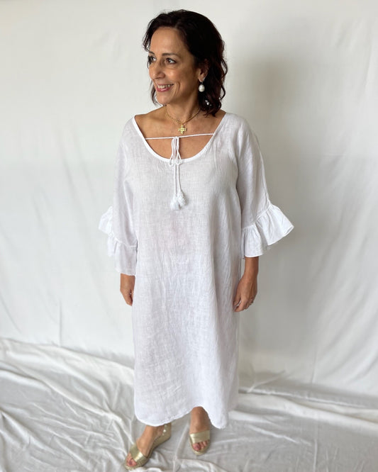 Linen Frill Dress - White