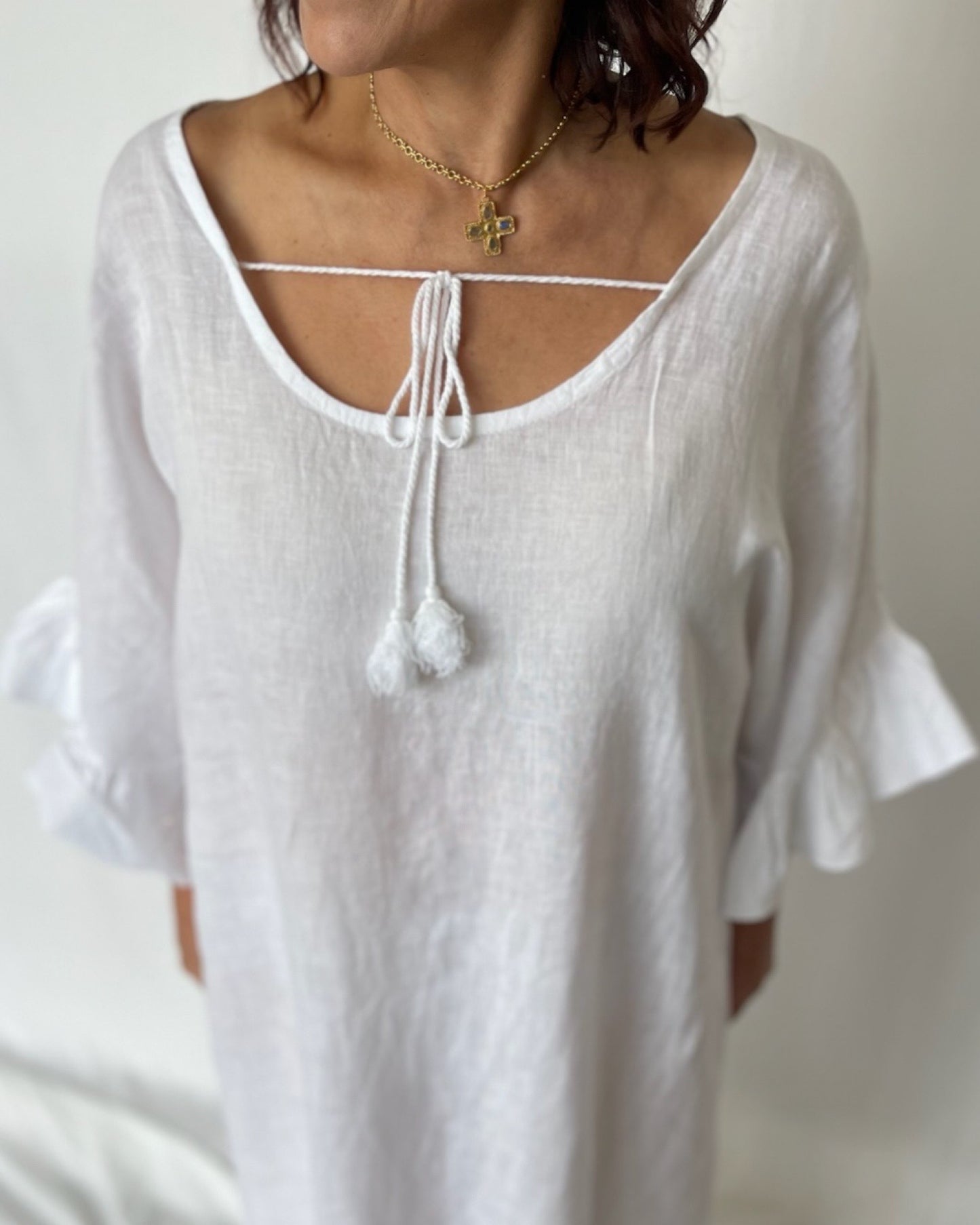 Linen Frill Dress - White