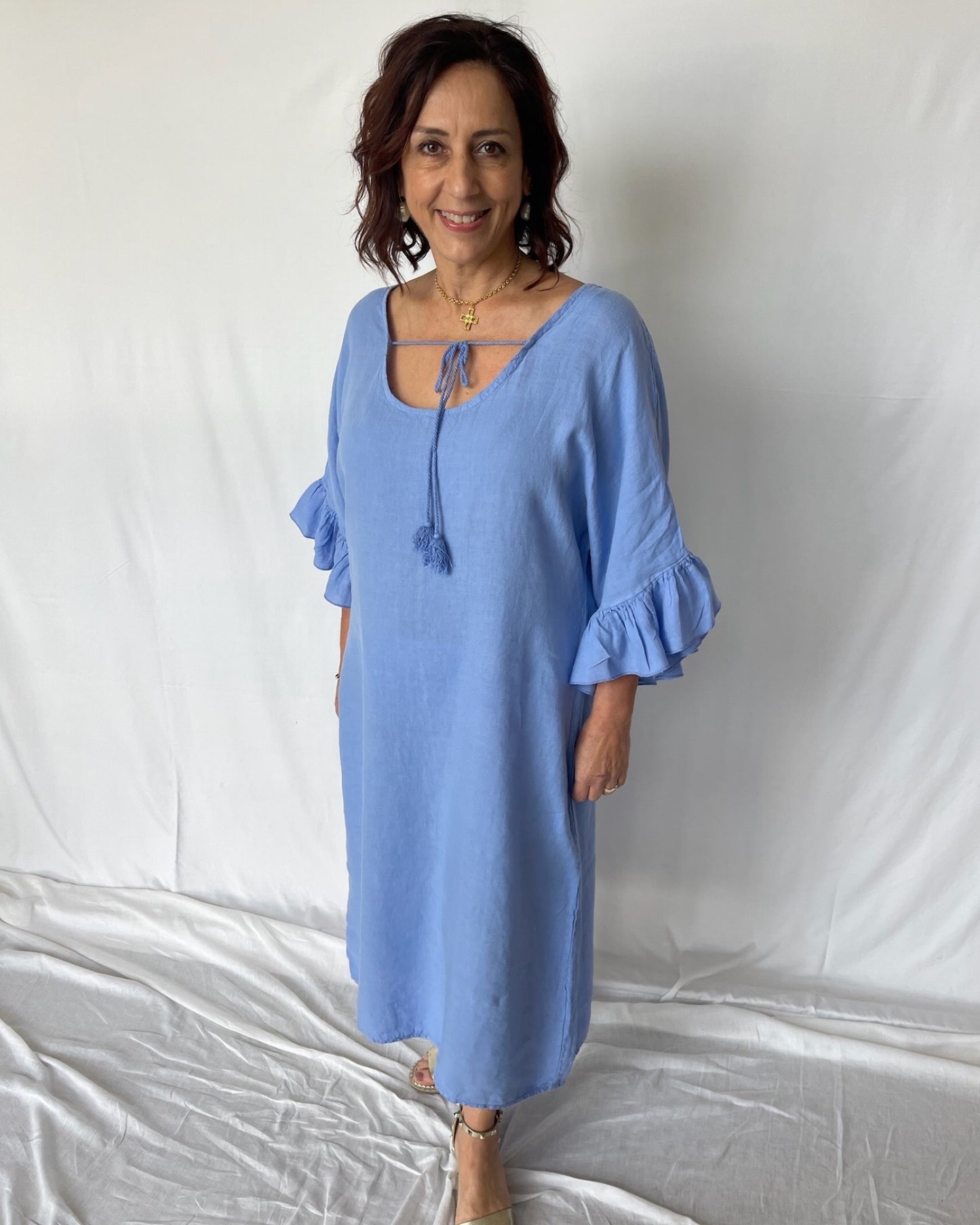 Linen Frill Dress - Cornflower Blue