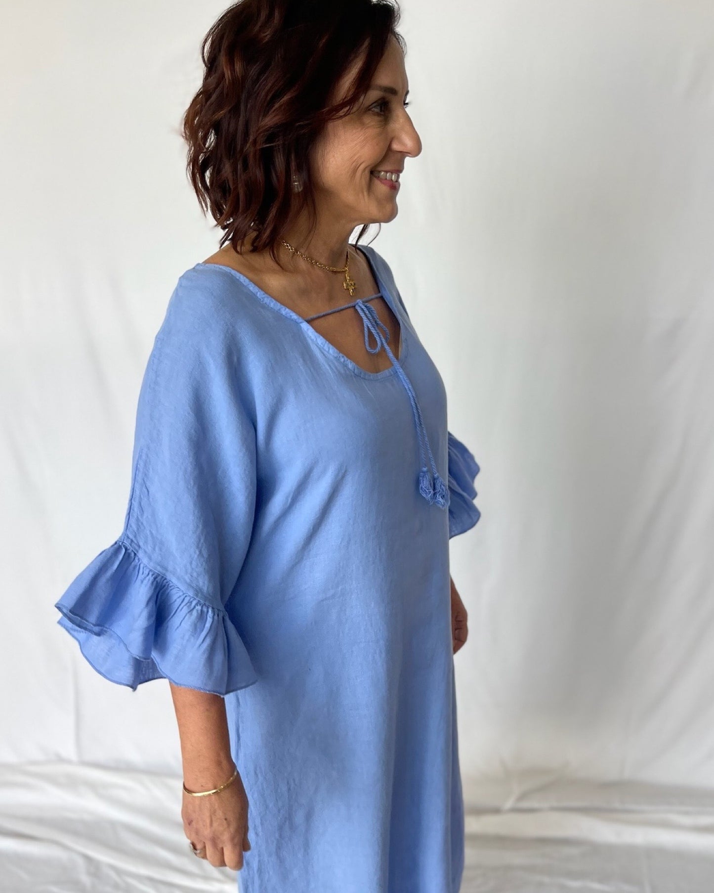 Linen Frill Dress - Cornflower Blue