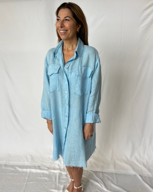 Shirt Dress Linen- Sky