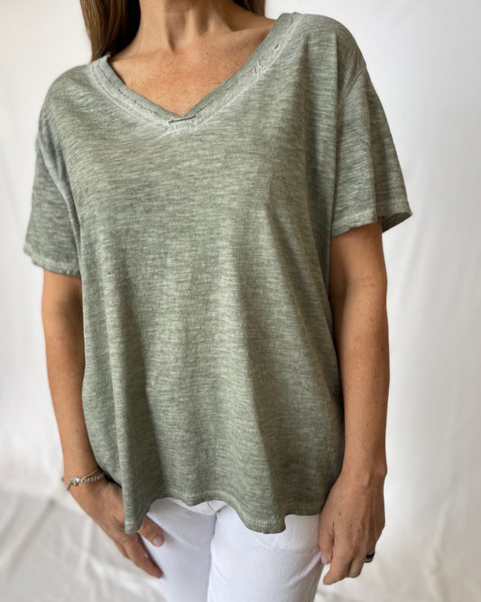 Cotton V Neck Tee - Military