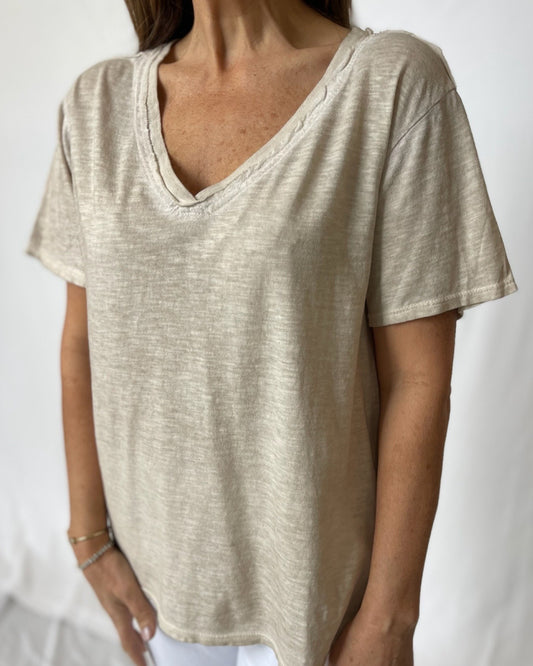 Cotton V Neck Tee - Beige