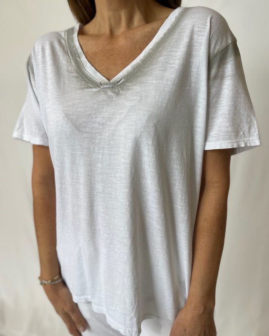 Cotton V Neck Tee - White