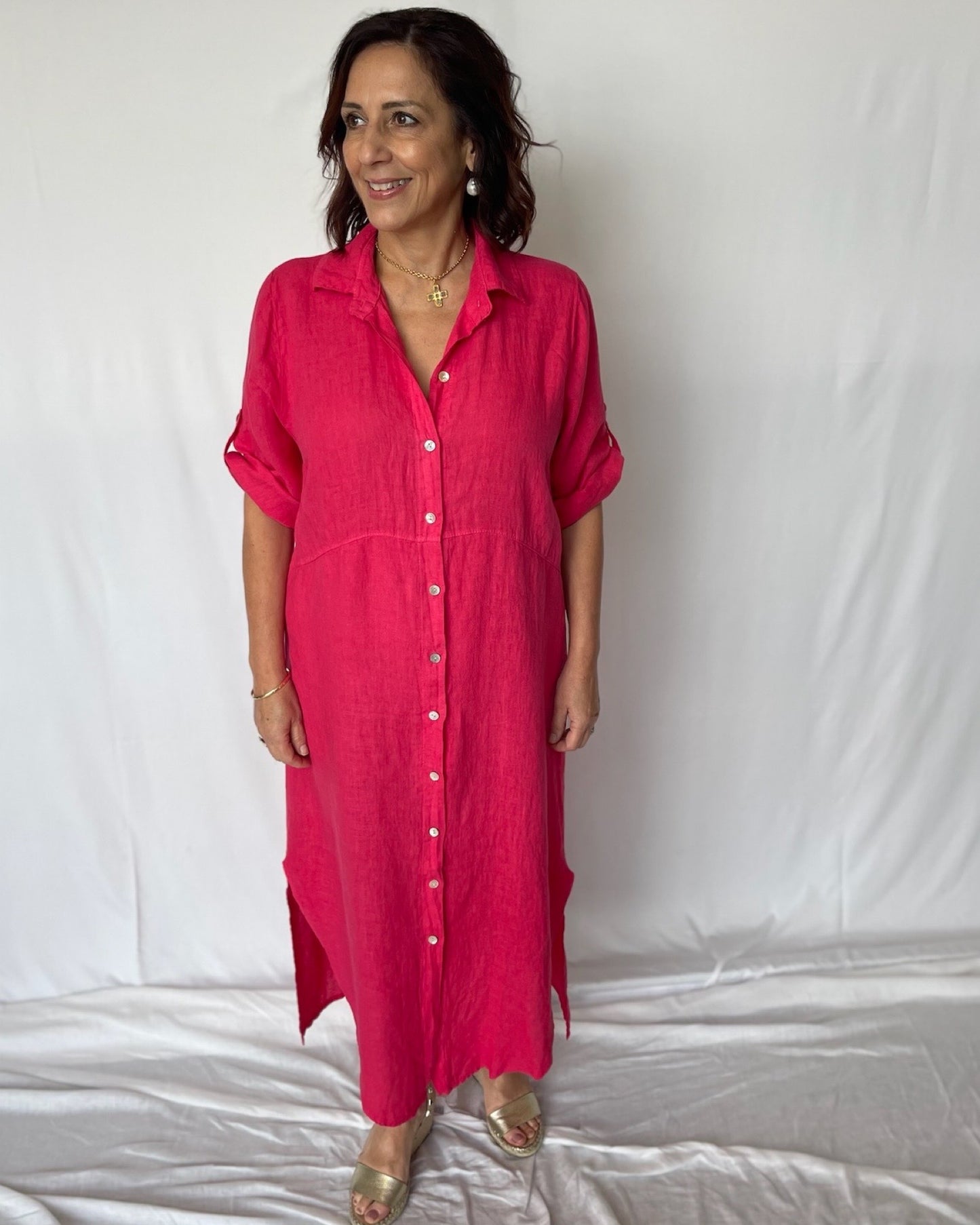 Linen Shirt Dress- Raspberry