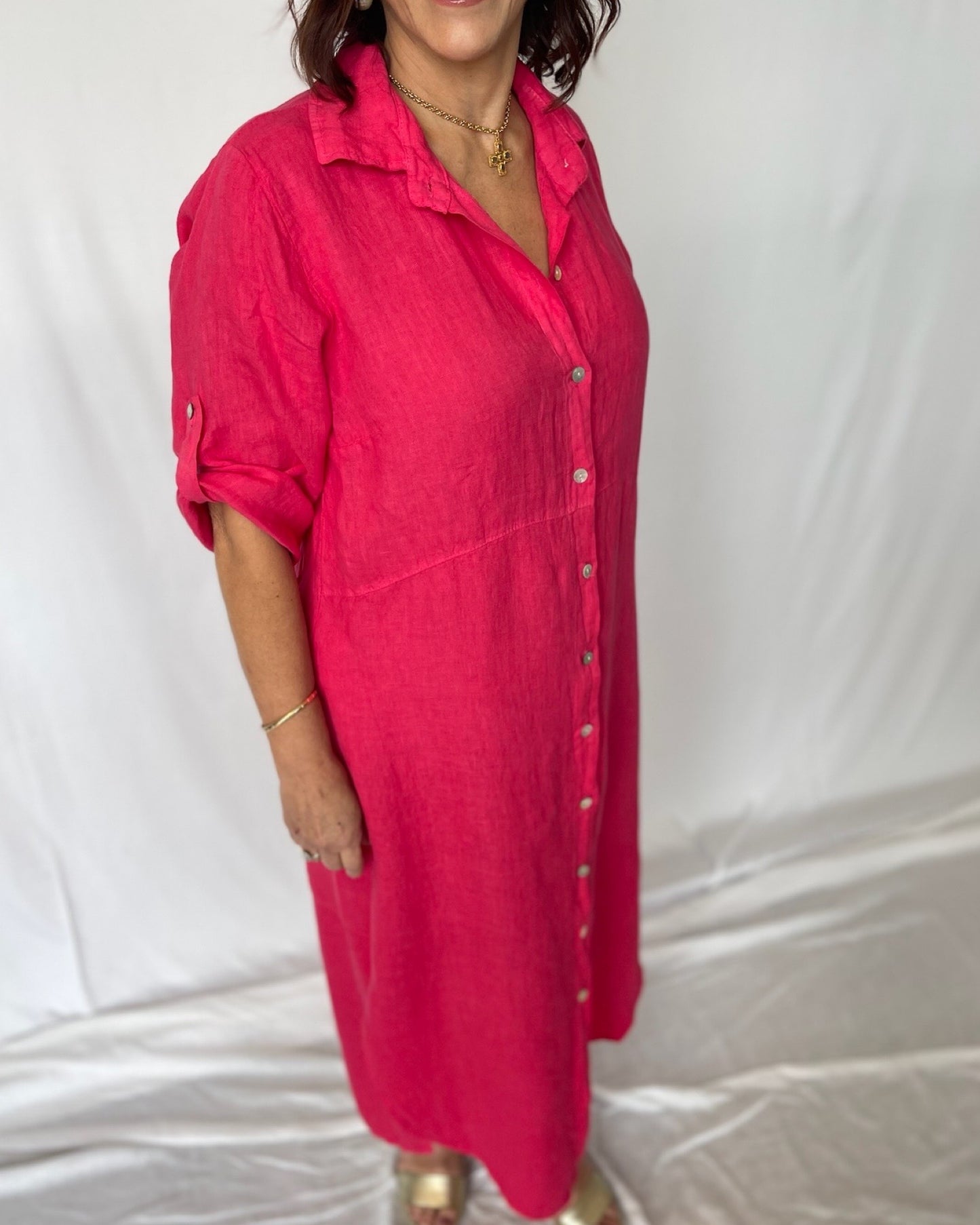 Linen Shirt Dress- Raspberry