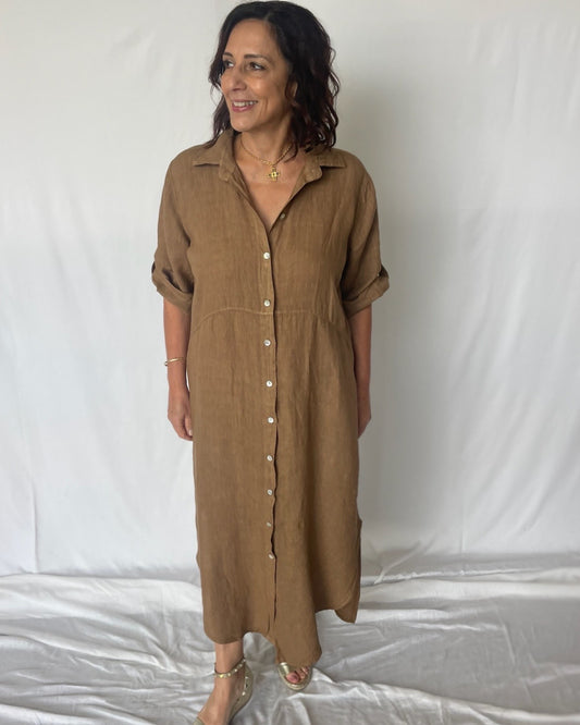 Linen Shirt Dress- Cocoa